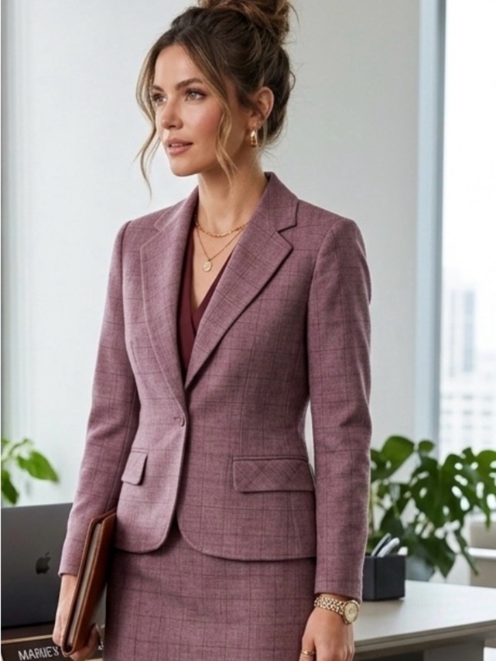 Women's Tailored Mauve Plaid Blazer - Single-Button Suit Jacket